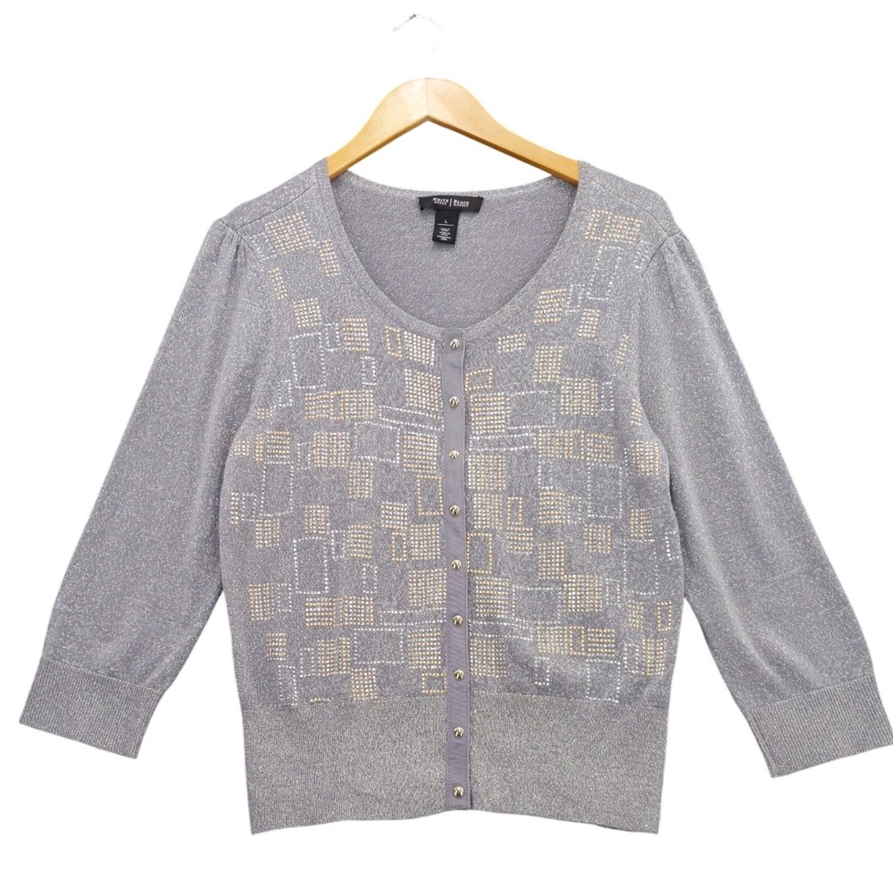White House Black Market Grey Sparkle Rhinestone Embellished Cardigan Sweater L